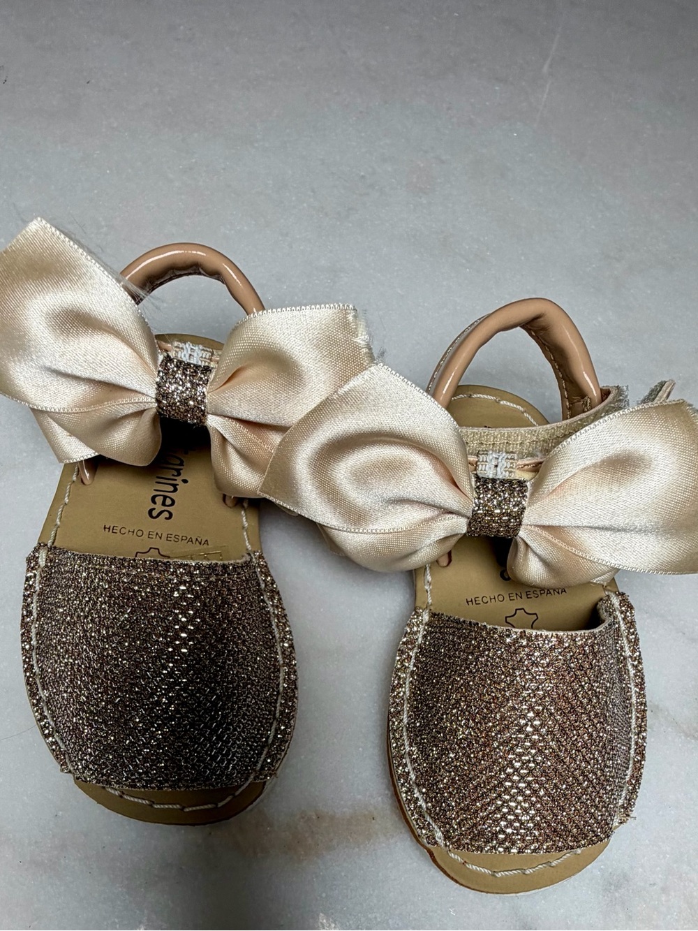 Girls Sparkle menorquinas from Spain with Satin Bow - Champagne Glitter